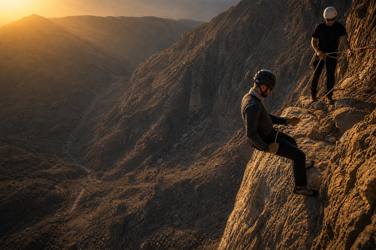 A participant receiving professional abseiling instruction on a UAE mountain crag