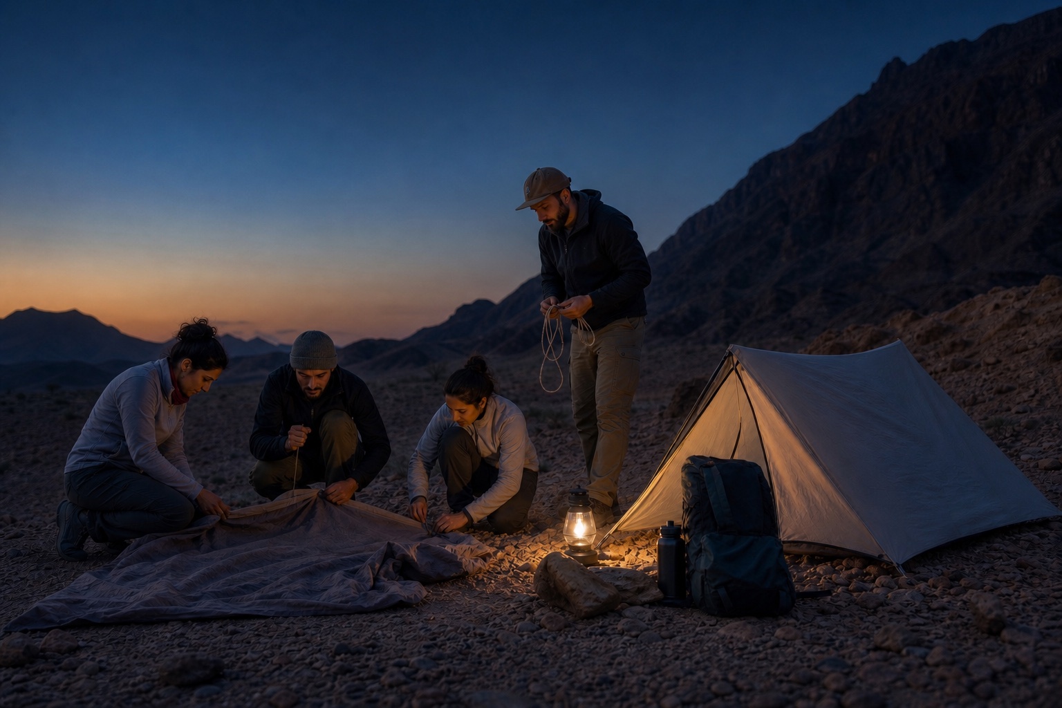 An Apex outdoor education group practising responsible campcraft at dusk