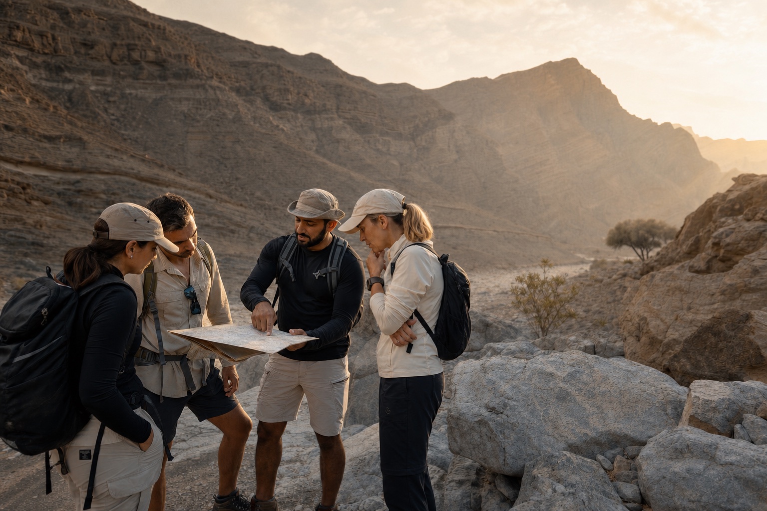 A small hiking group learning navigation in a rocky UAE wadi